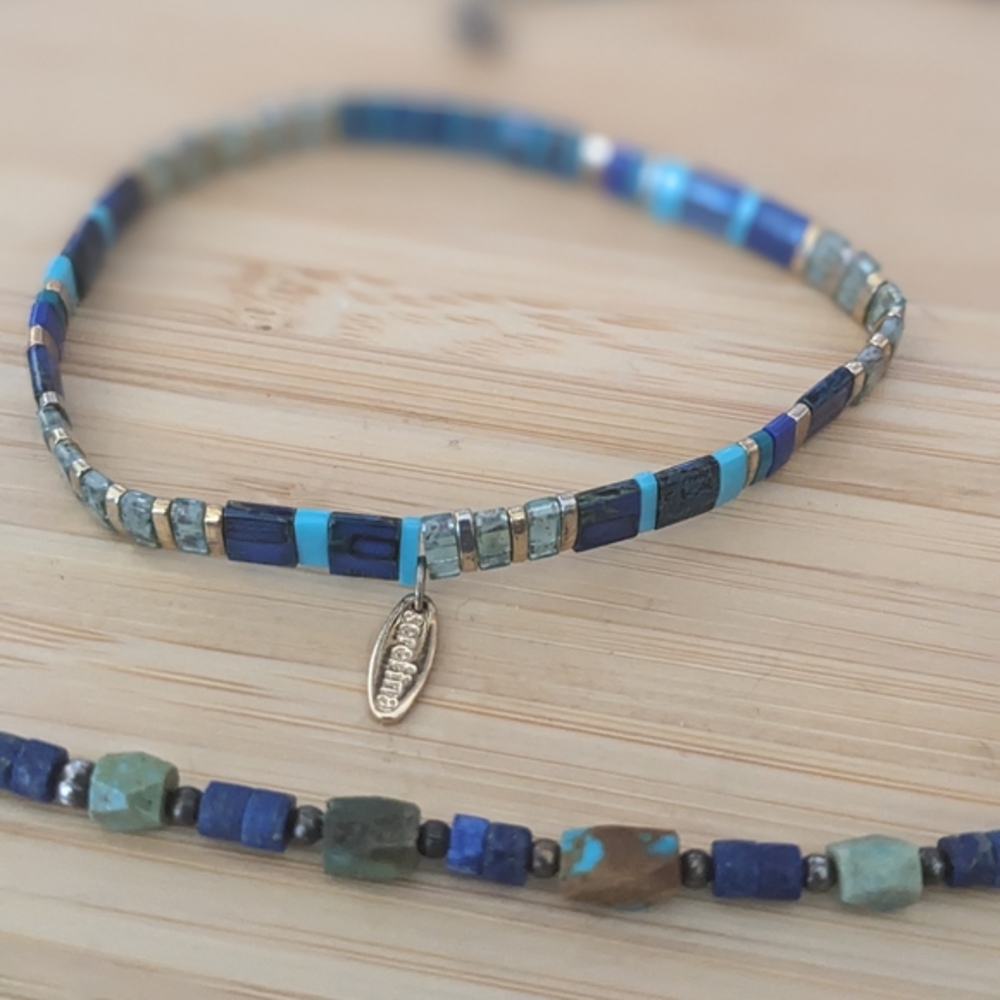 Blue, Green and Gold Serafina Flat Beaded Bracelet And Bonus Necklace